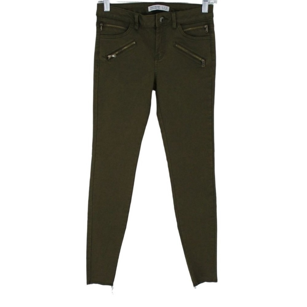 Zara Jeans Green Stretch Raw Hem Skinny Size 4 Zipper Pockets